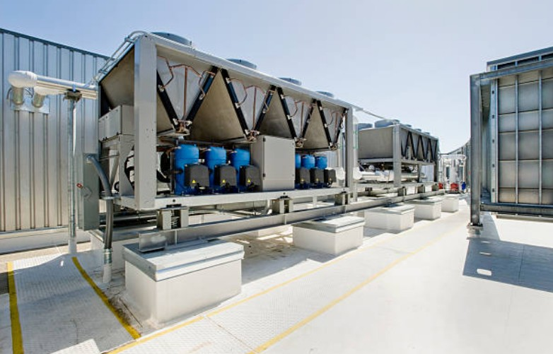 Rooftop chiller plant on a commercial building